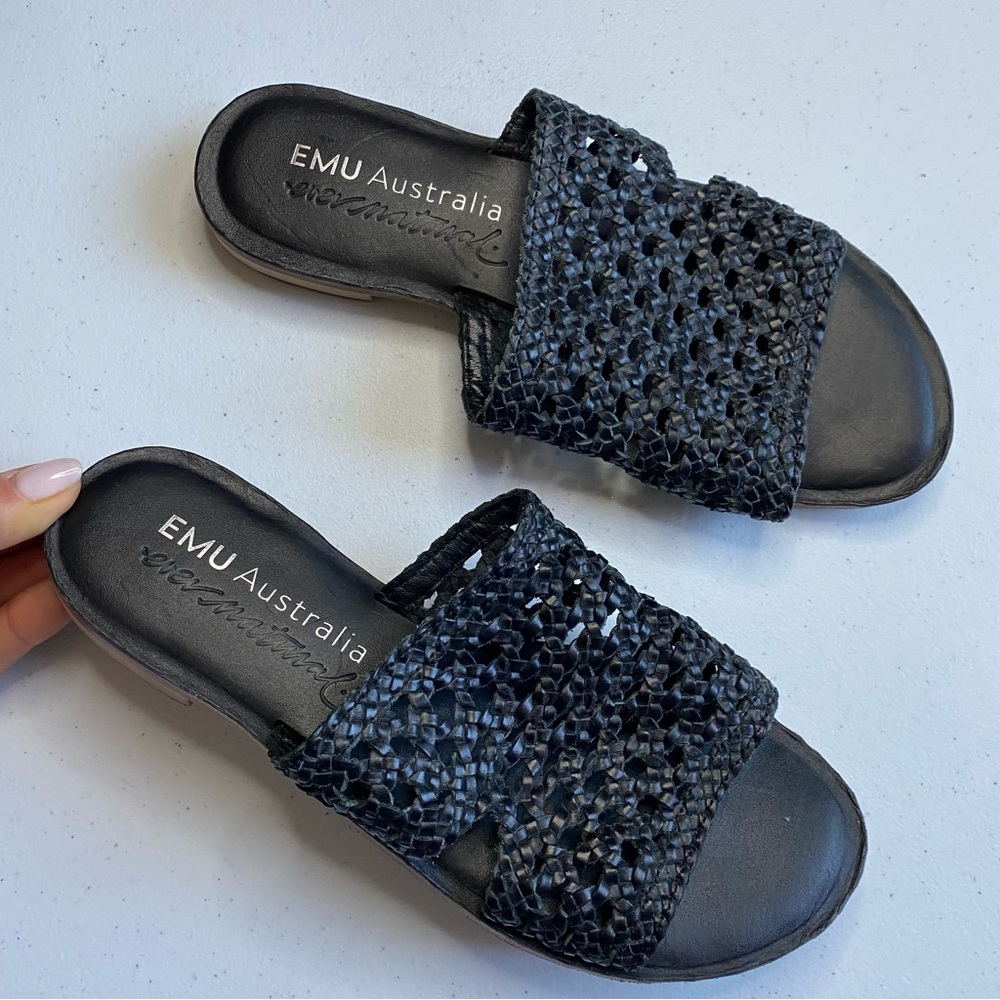 EMU Australia Size 8 Kadina Black Woven Leather Peep-toe Slip-on Flip Sandal